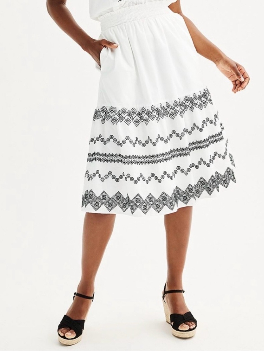 DRAPER JAMES Geo Embroidered Midi Skirt Elastic Waist A Line Womens Size Large